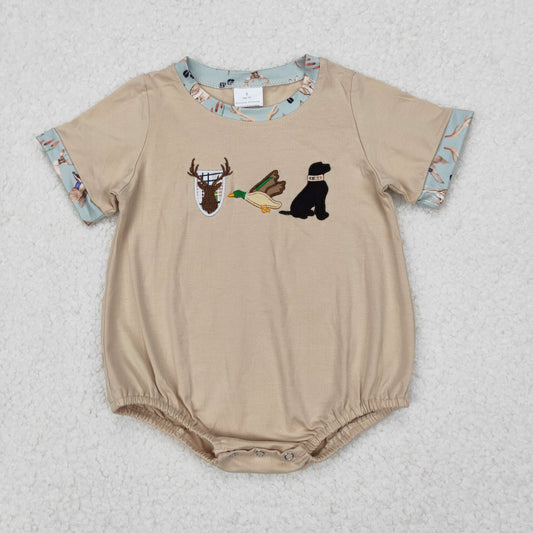 Baby Boy Infant Short Sleeves Embroidery Hunting Deer Duck Dog Bubble Romper RTS