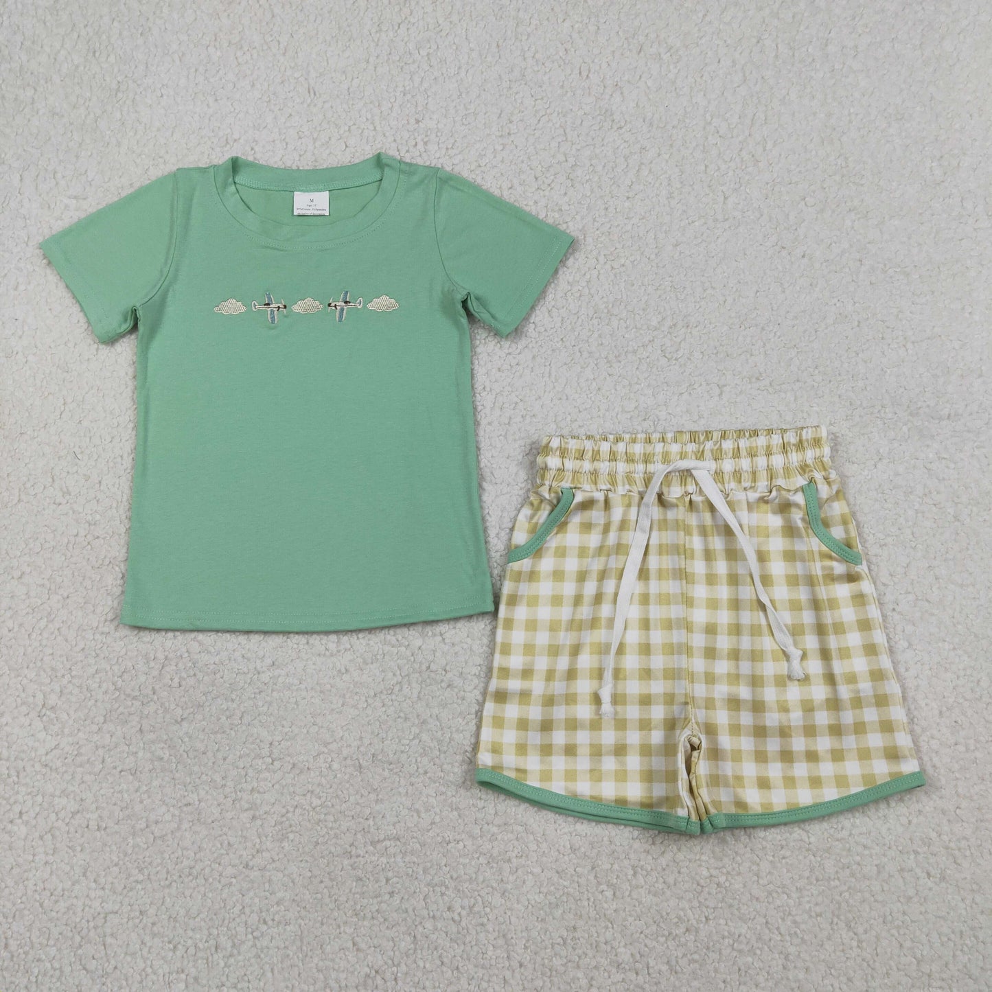 Baby Boys Kids Short Sleeves Embroidery Planes Shirt Plaid Pockets Shorts Set RTS