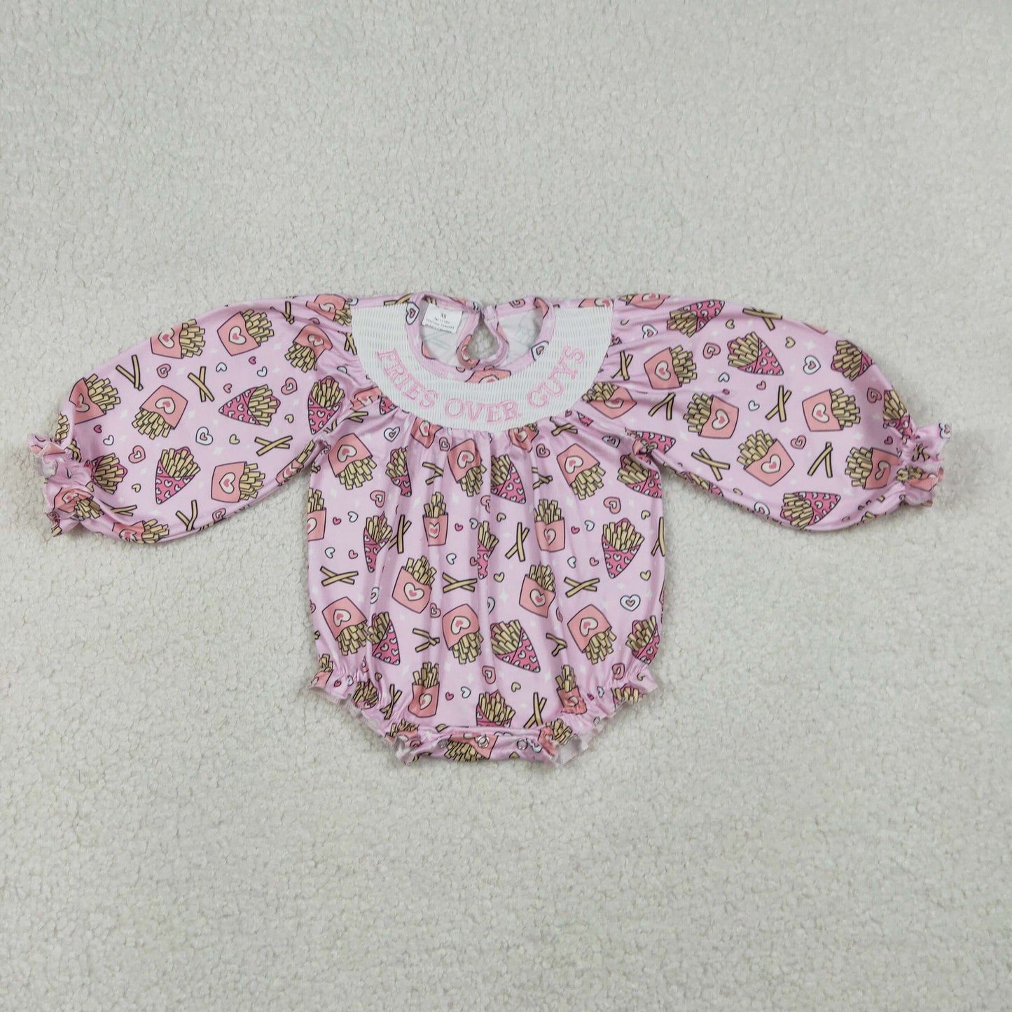 Baby Girls Infant Embroidery Fries Over Guys Hears Bows Valentine Smocked Bubble Romper