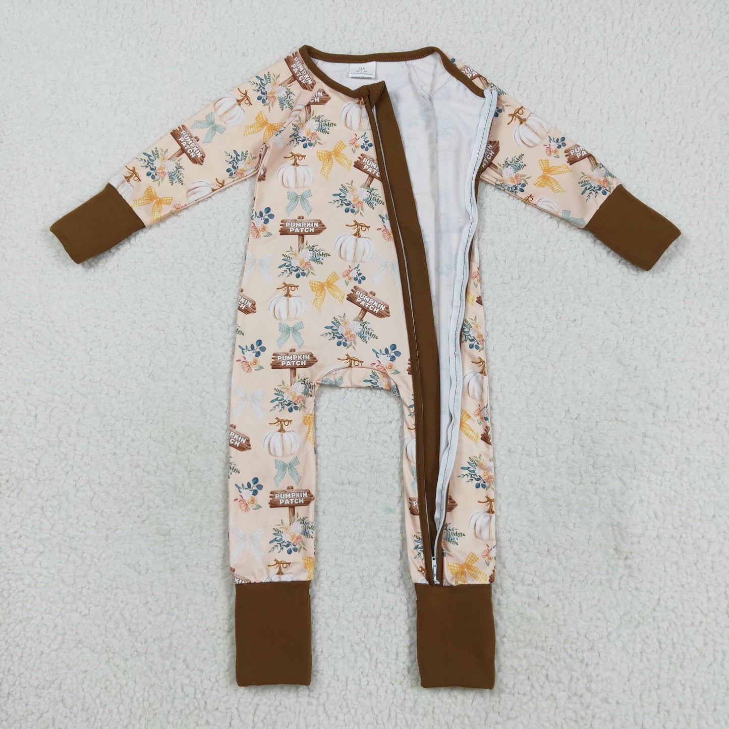 Baby Girl Long Sleeves Pumpkins Bows Flower Zipper Fall Romper RTS