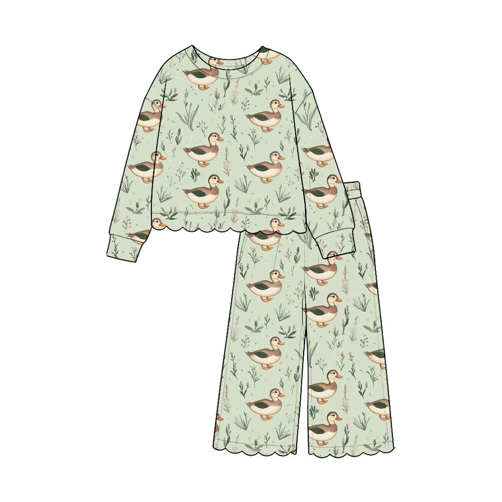 ( Moq 5 ) Preorder Baby Girls Kids Long Sleeves Ducks Shirt Pants Scallop Set Clothes