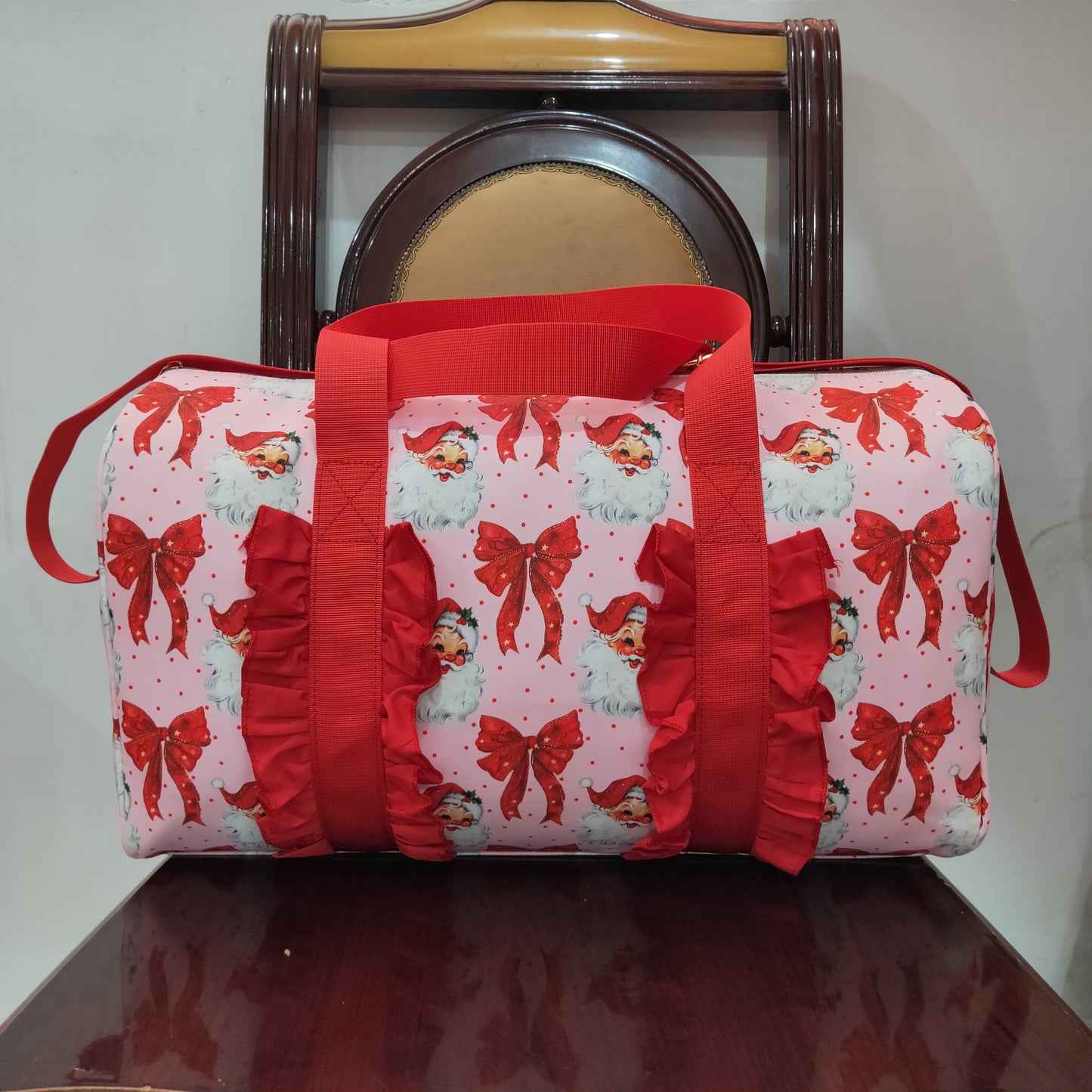 Toddler Girl Christmas Santa Red Bows Zipper Ruffle Gym Bag RTS