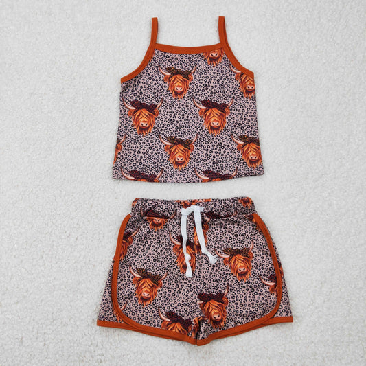 Baby Girl Strap Western Leopard Cow Vest Tops Short Sports Set RTS