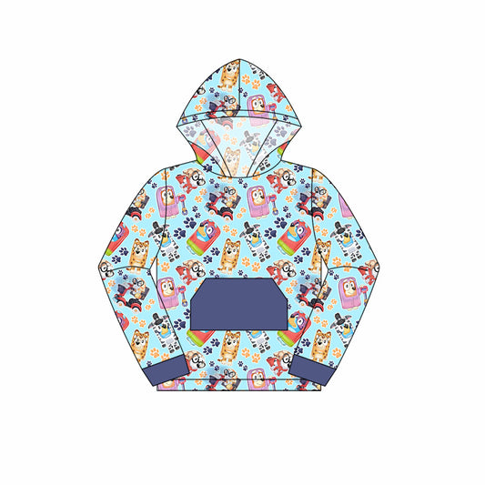 Baby Girl Long Sleeves Dogs Blue Hooded Shirt