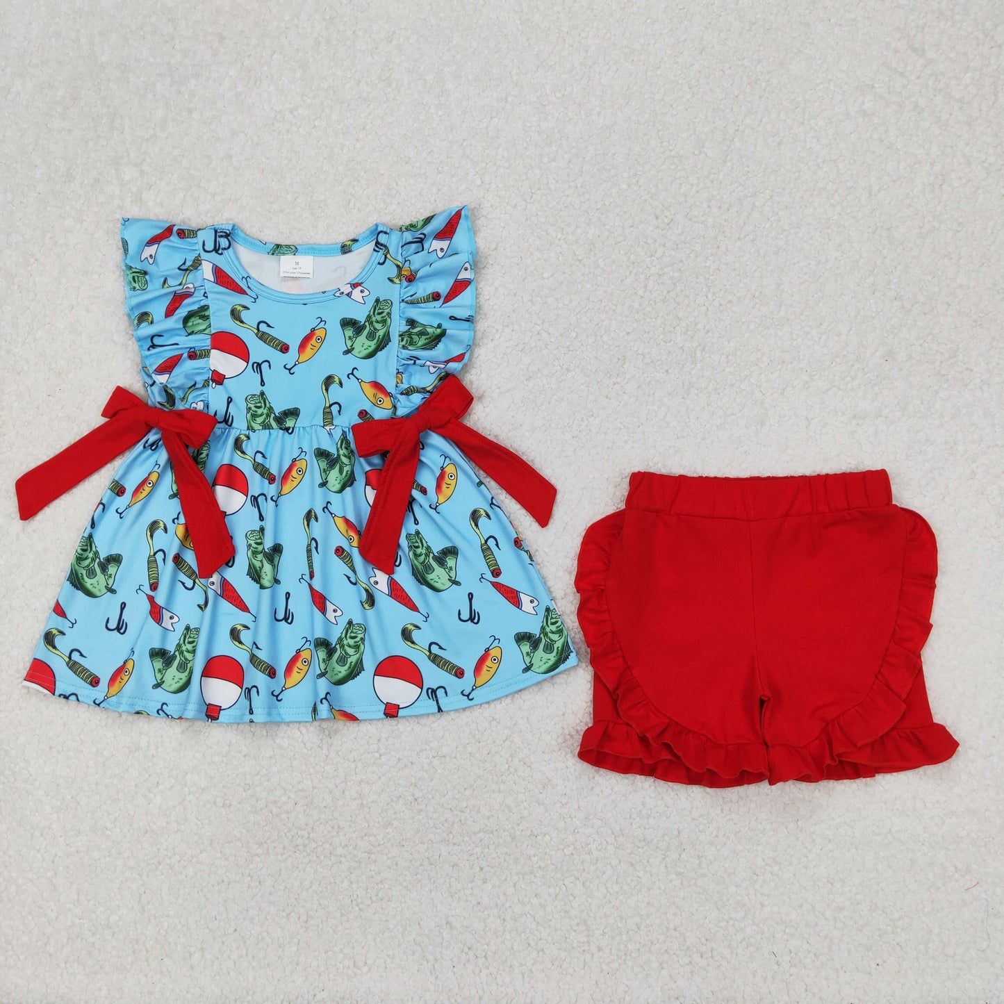 Baby Girl Short Sleeves Fishing Bows Tunic Red Ruffle Shorts Clothes Set RTS