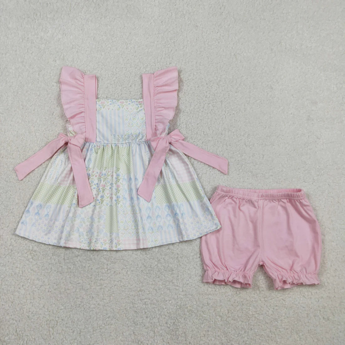 Sibling Baby Girls Kids Short Sleeves Floral Pink Bows Summer Bubble Romper Dress RTS