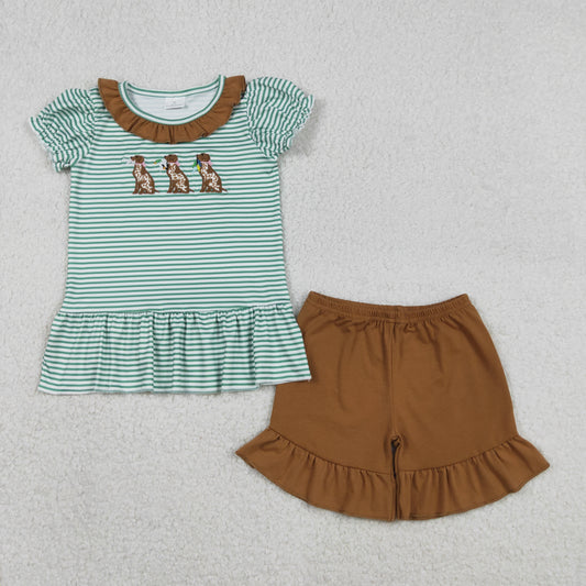 Baby Girls Embroidery Dogs Ducks Green Stripes Shirt Ruffle Shorts Hunting Set RTS