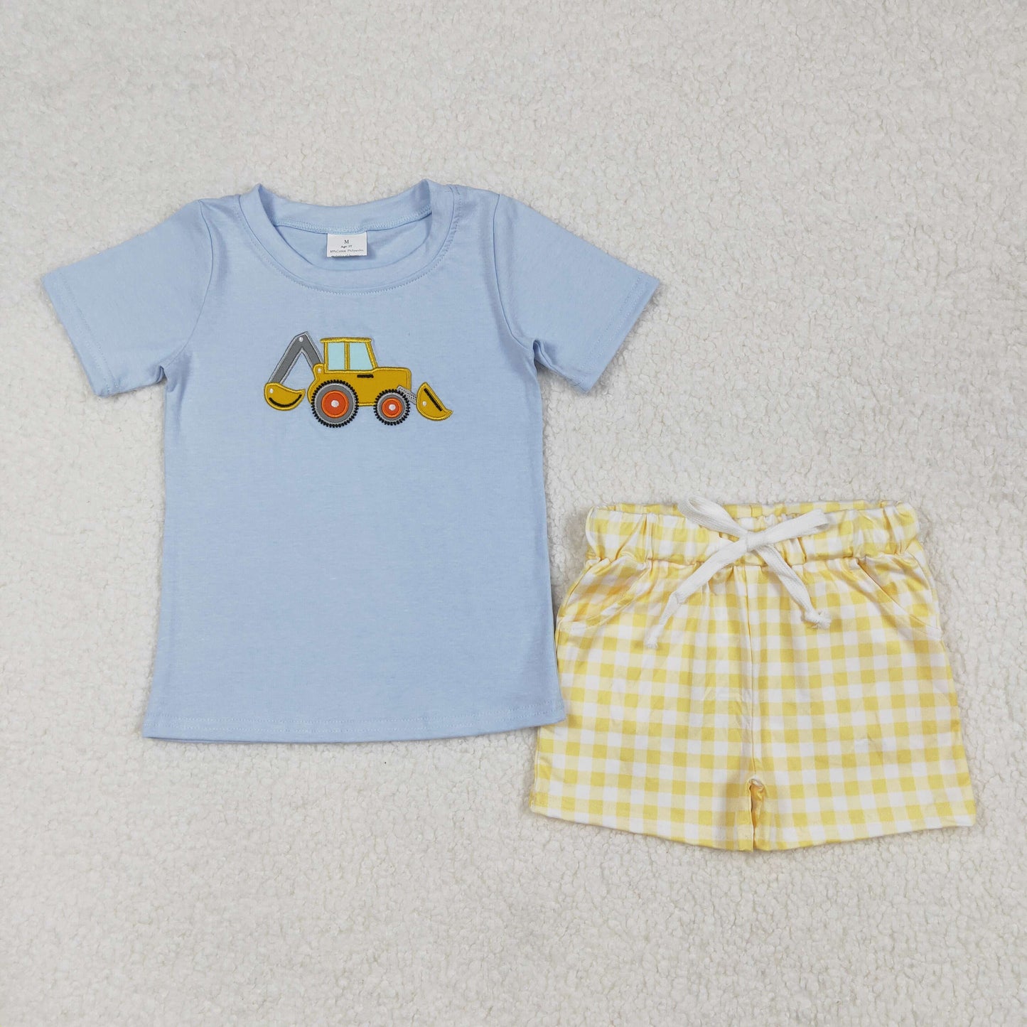 Baby Boy Short Sleeves Embroidery Digger Shirt Plaid Pocket Shorts Clothes Set RTS