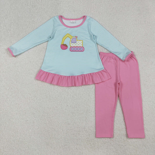 Baby Girl Long Sleeves Embroidery Excavator Stripes Tunic Pink Pants Clothes Set RTS