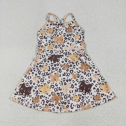 Baby Girl Straps Bows Leopard Knee Length Yoga Active Dress
