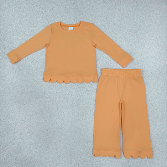 Baby Girls Kids Long Sleeves Shirt Pants Set Pajamas Scallop Orange Cotton Clothes RTS