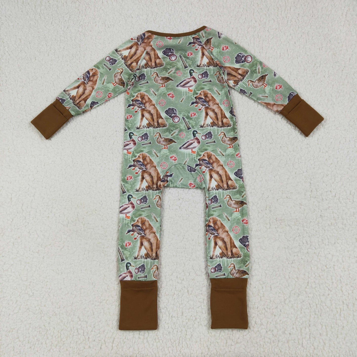 Baby Boy Long Sleeves Dogs Ducks Baseball Zipper Green Romper RTS