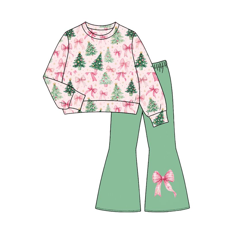 ( Moq 5 ) Preorder Baby Girls Kids Long Sleeves Christmas Bows Tree Shirt Green Pants Set Clothes
