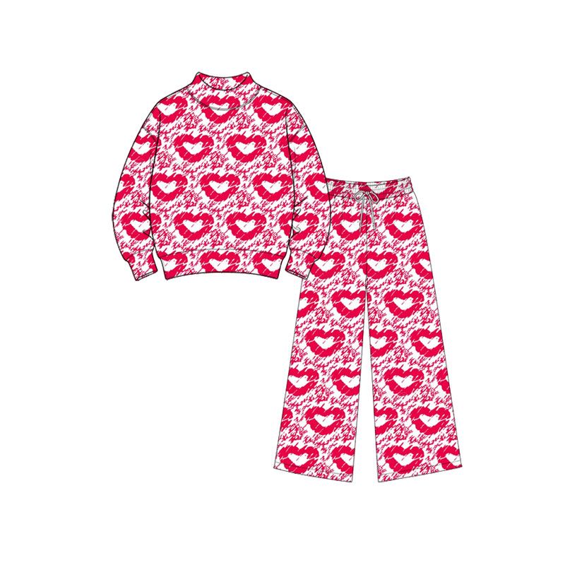 ( Moq 5 ) Preorder Baby Girls Kids Long Sleeves Hearts Shirt Pants Red Set Valentine Clothes