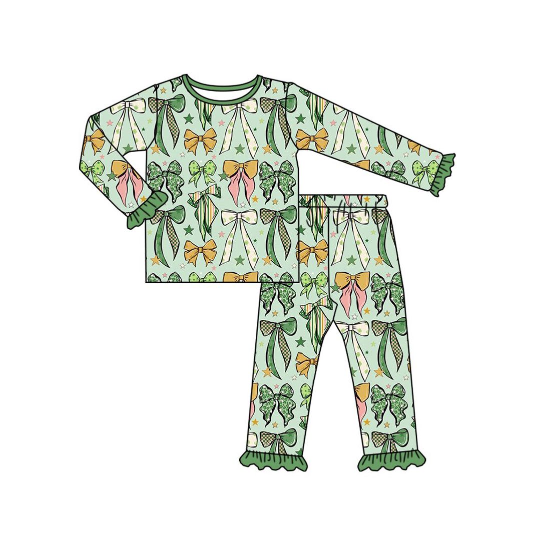 ( Moq 5 ) Preorder Baby Girls Kids Bows Shirt Pants St. Patrick Set Pajamas Green Clothes