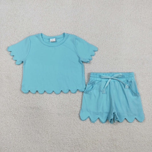 Baby Girls Kids Short Sleeves Blue Green Shirt Scallop Shorts Summer Clothes Set