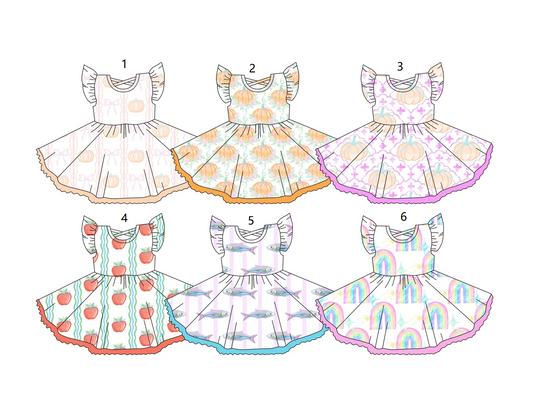 ( Moq 5 Each Style ) Baby Girl Short Sleeves Pumpkin Bows Fish Sibling Dress 3.22