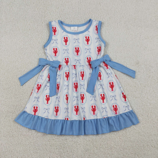 Baby Girls Sleeveless Crawfish Bows Stripes Blue Ruffle Knee Length Dress RTS
