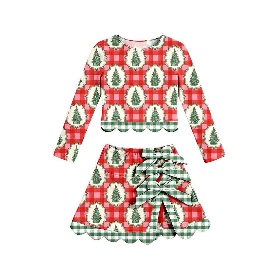 ( Moq 5 ) Preorder Baby Girls Kids Christmas Tree Shirt Scallop Skirt Shorts Yoga Active Set Clothes