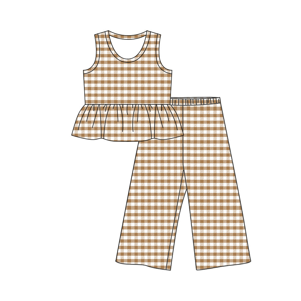 ( Moq 5 ) Preorder Baby Girls Kids Sleeveless Khaki Plaid Ruffle Tops Pants Set Clothes