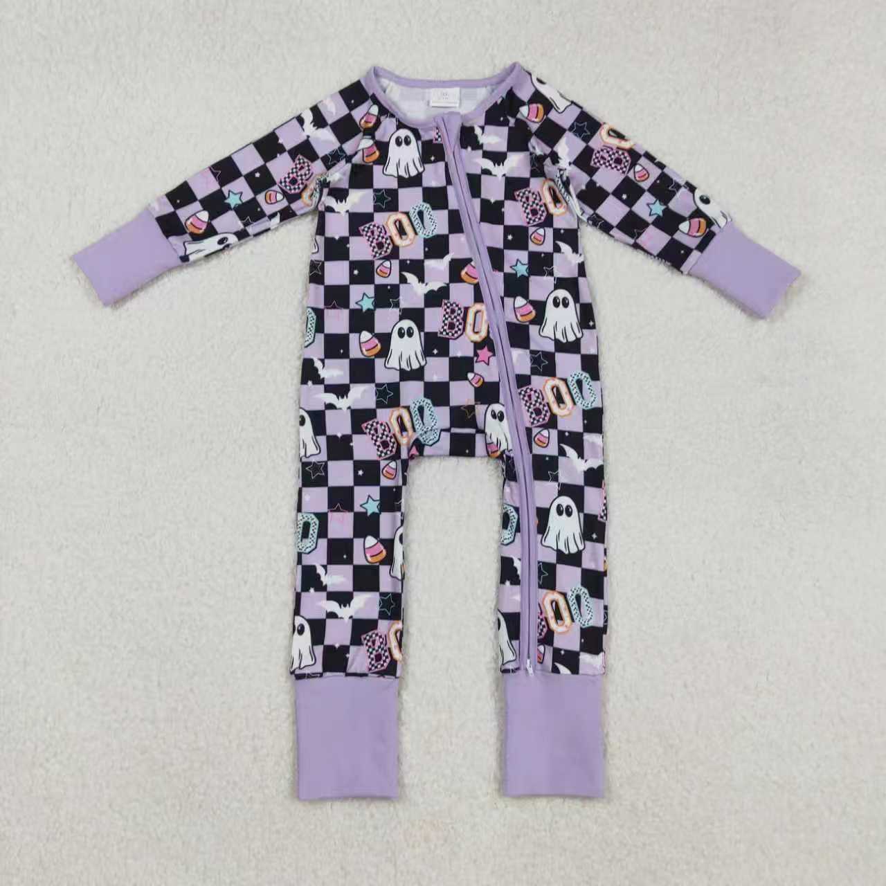 Sibling Girls Kids Long Sleeves Ghost Candy Plaid Halloween Purple Pajamas Footie Romper Set RTS