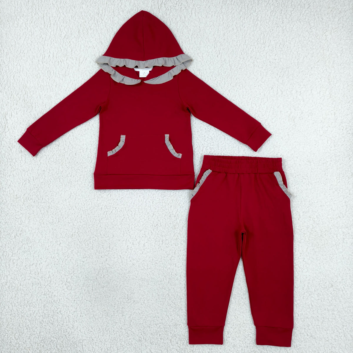Baby Girls Kids Grey Ruffle Hoodie Pullover Pockets Pants Red Set Cotton Clothes RTS