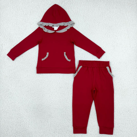 Baby Girls Kids Long Sleeves Grey Ruffle Hoodie Pullover Pockets Red Pants Team Set Cotton Clothes RTS