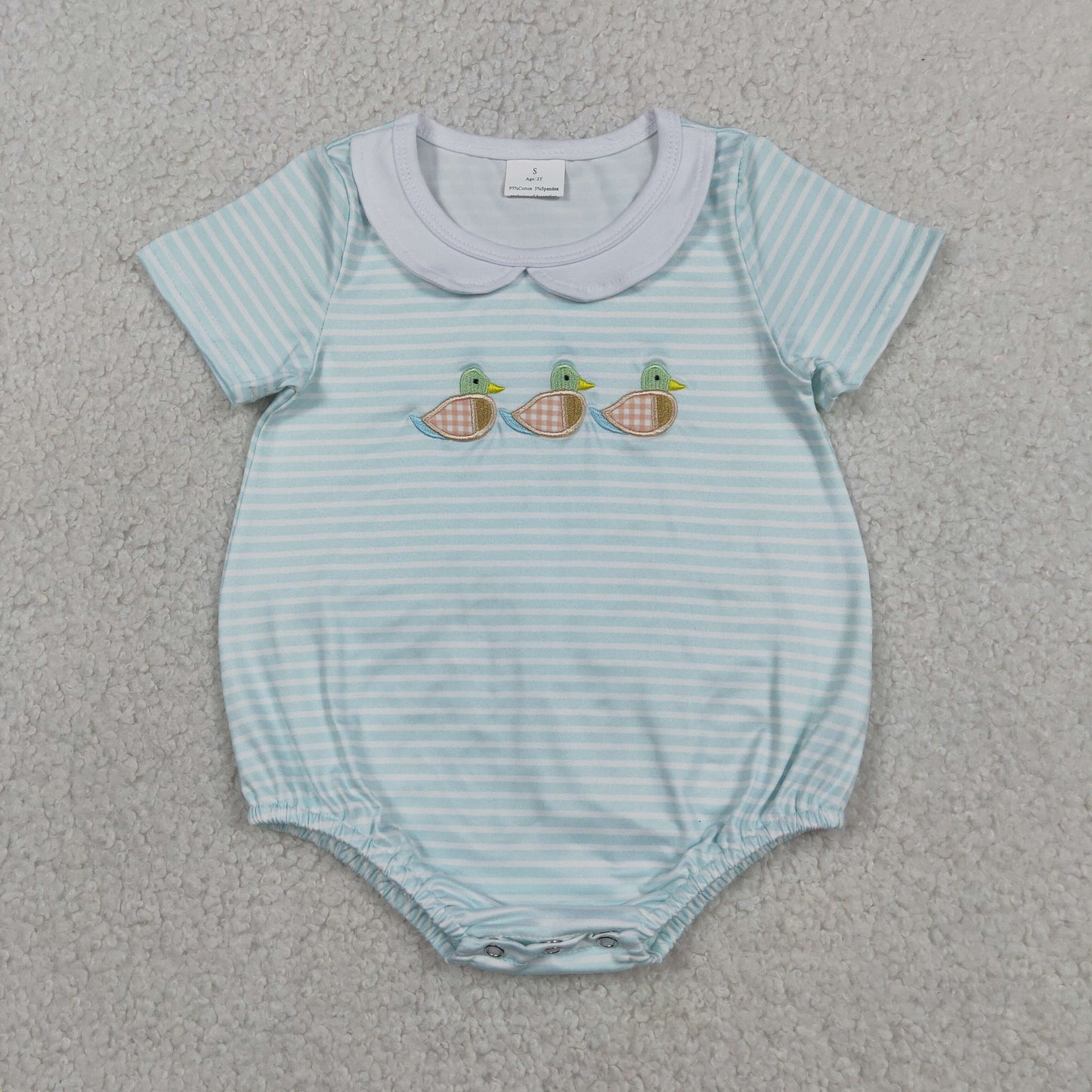 Baby Boys Infant Embroidery Ducks Blue Stripes Bubble Romper RTS