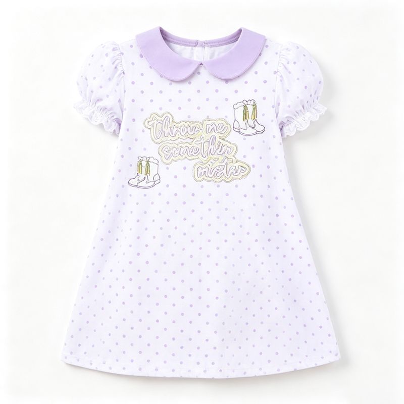 ( Moq 5 ) Preorder Baby Girls Kids Short Sleeves Boots Purple Dots Mardi Gras Knee Length Dress Clothes