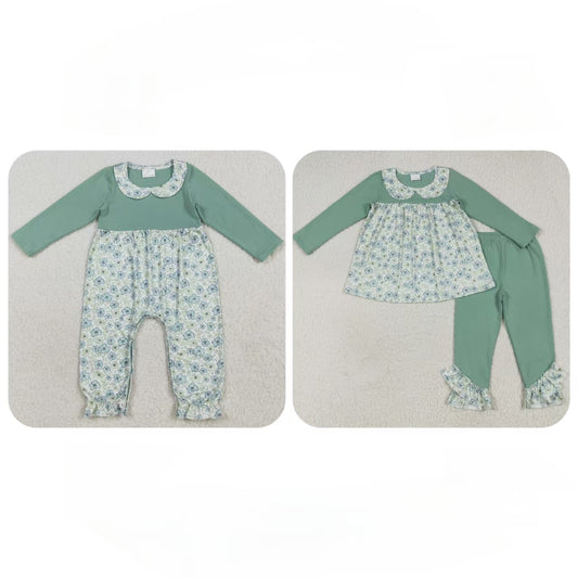 Baby Girl Toddler Long Sleeves Flower Sibling Green Romper Set Clothes RTS