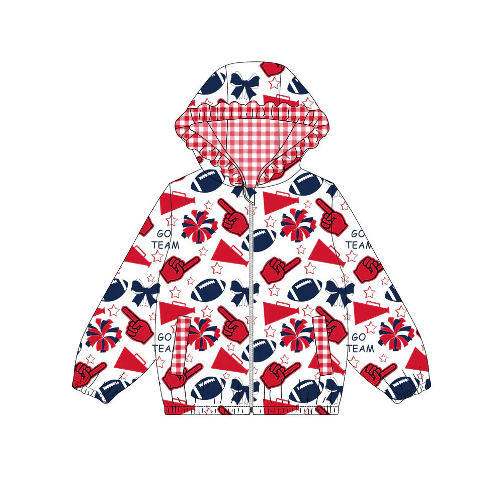 ( Moq 5 ) Baby Girls Kids Bows Cheer Red Plaid Pockets Team Hoodie Zipper Football Coat Tops
