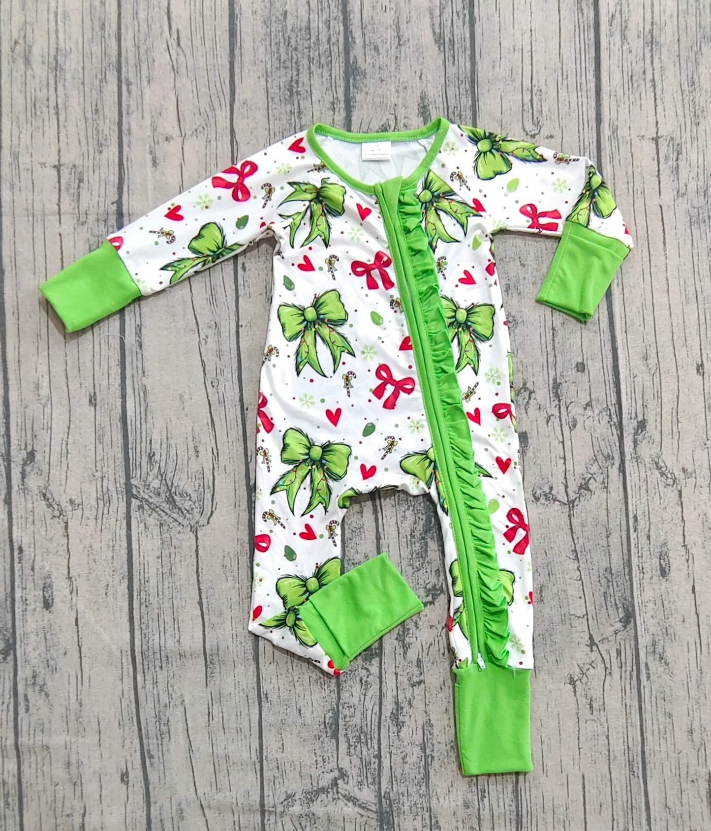Baby Girl Infant Long Sleeves Red Green Bows Candy Christmas Zipper Romper RTS