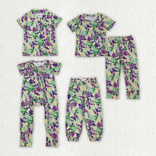 Sibling Baby Boys Camo Short Sleeves Mardi Gras Buttons Shirt Zipper Romper Pants Pajamas Set RTS
