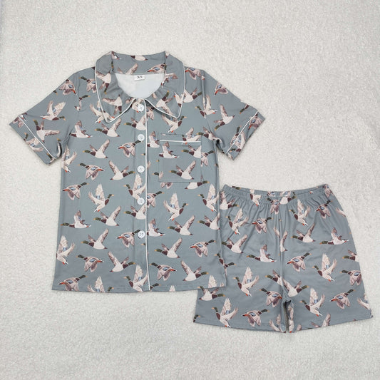 Adult Women Short Sleeves Ducks Buttons Shirt Shorts Pajamas Clothes Hunting Green Set