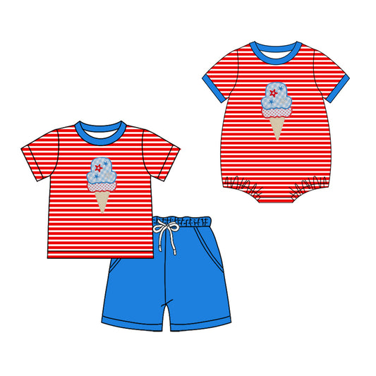 ( Moq 5 Each Style ) Sibling Baby Boys Kids Shirt Shorts 4th of July Stripes Set Romper