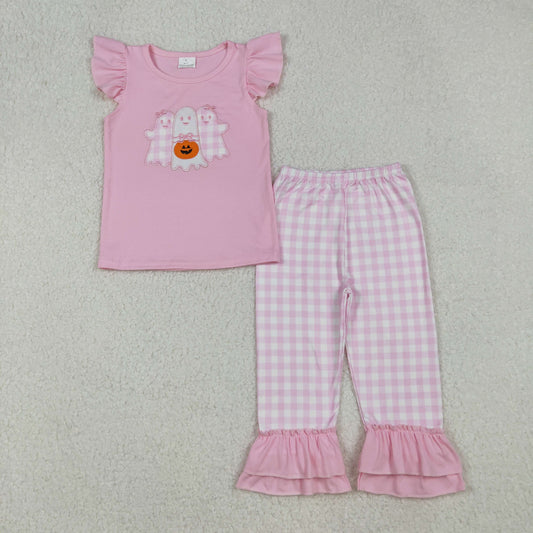 Baby Girl Short Sleeves Embroidery Ghost Pumpkin Shirt Plaid Pants Halloween Pink Set RTS