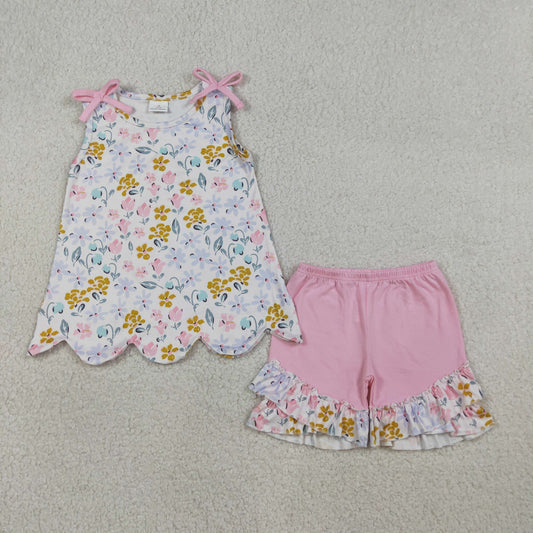 Baby Girls Kids Sleeveless Flower Scallop Tops Pink Ruffle Shorts Summer Set RTS