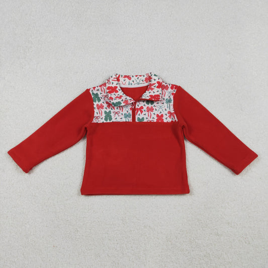Baby Girl Red Long Sleeves Bows Christmas Zipper Fleece Pullover Shirt RTS
