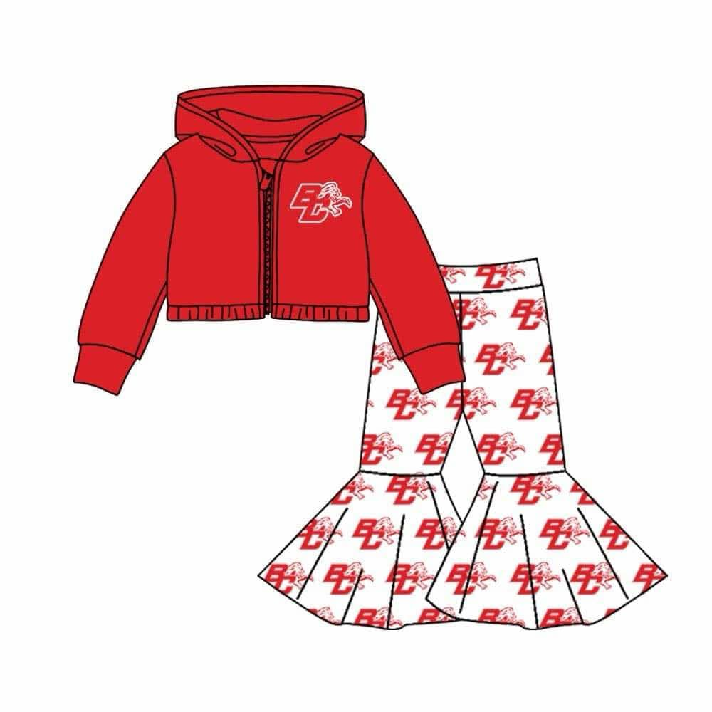 Baby Girl Red Long Sleeves Zipper Hoodie Shirt Lion Bell Pants Team Set Moq 5