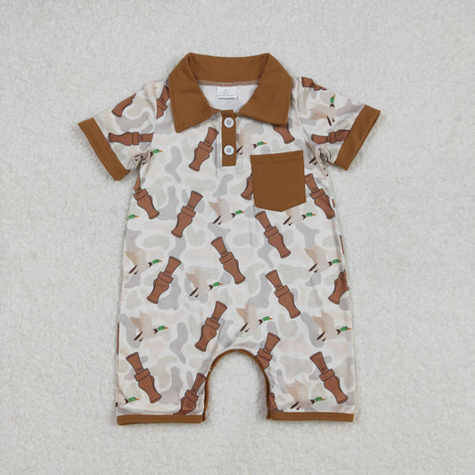 Baby Boy Infant Short Sleeves Duck Call Camo Pocket Buttons Romper RTS