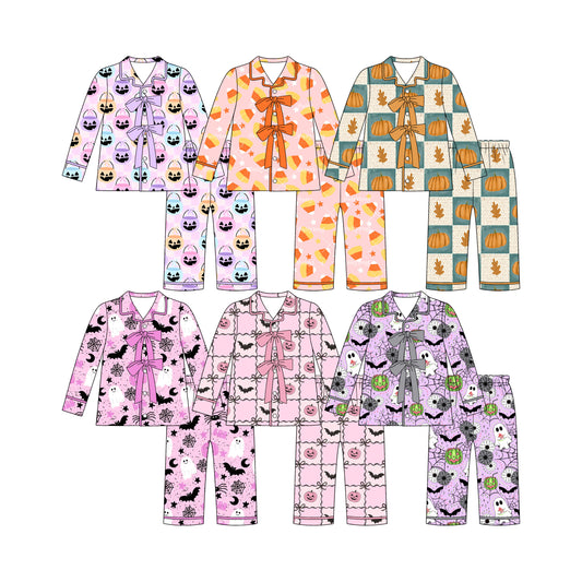 ( Moq 5 Each Style ) Sibling Baby Girls Kids Long Sleeves Pumpkins Bows Shirts Pants Sets Halloween Pajamas Clothes