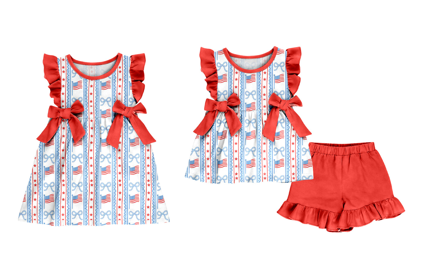 ( Moq 5 Each Style ) Baby Girls Kids Short Sleeves Flags Bows Sibling 4th of July Dress Set