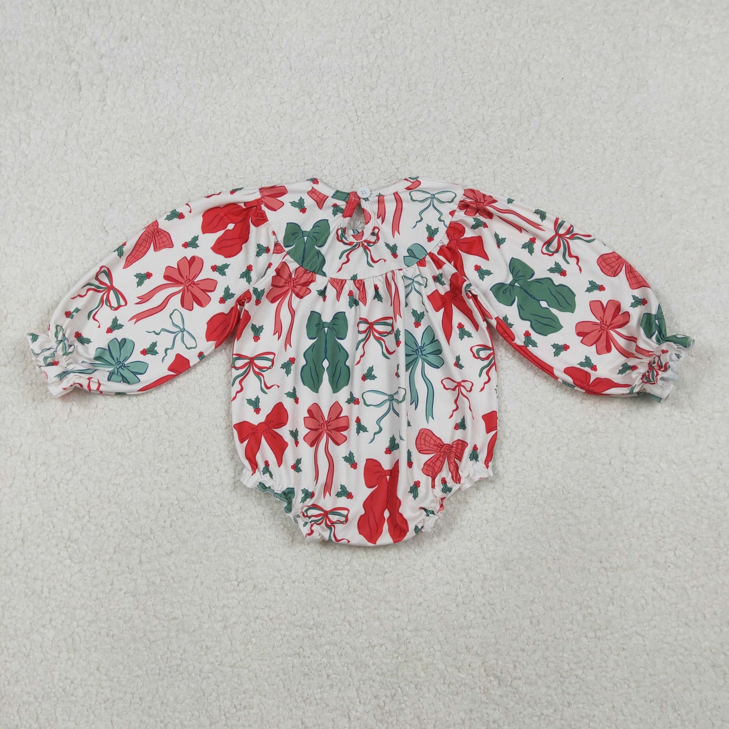 Baby Girls Long Sleeves Red Green Bows Embroidery Christmas Bubble Romper RTS