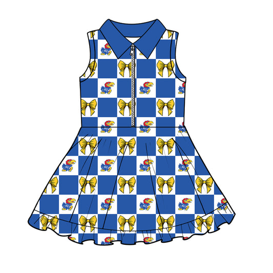 ( Moq 5 ) Baby Girls Kids Toddler Bows Blue Checked Team Zipper Shorts Knee Length Dress