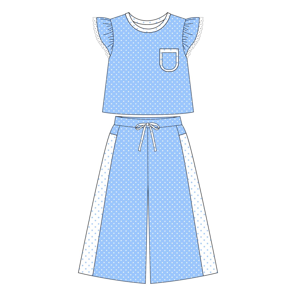 ( Moq 5 ) Preorder Adult Women Short Sleeves Dots Blue Shirt Pockets Pants Set Clothes