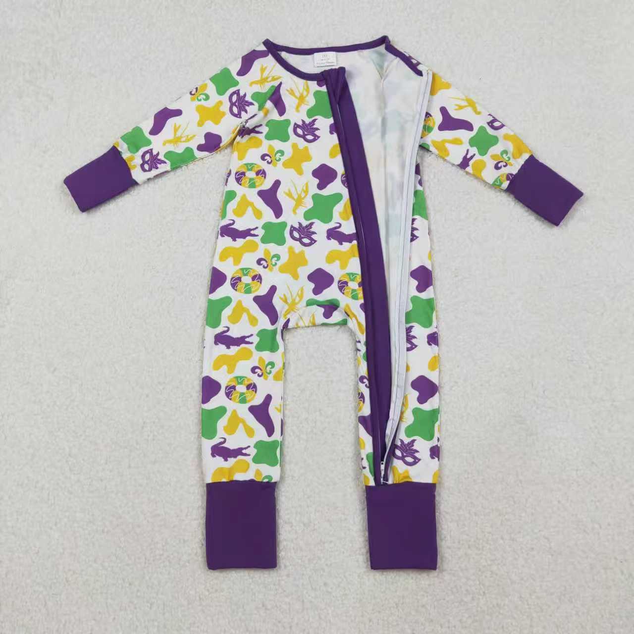 Sibling Toddler Kids Long Sleeves Mardi Gras Camo Zipper Romper Set Pajamas Clothes RTS