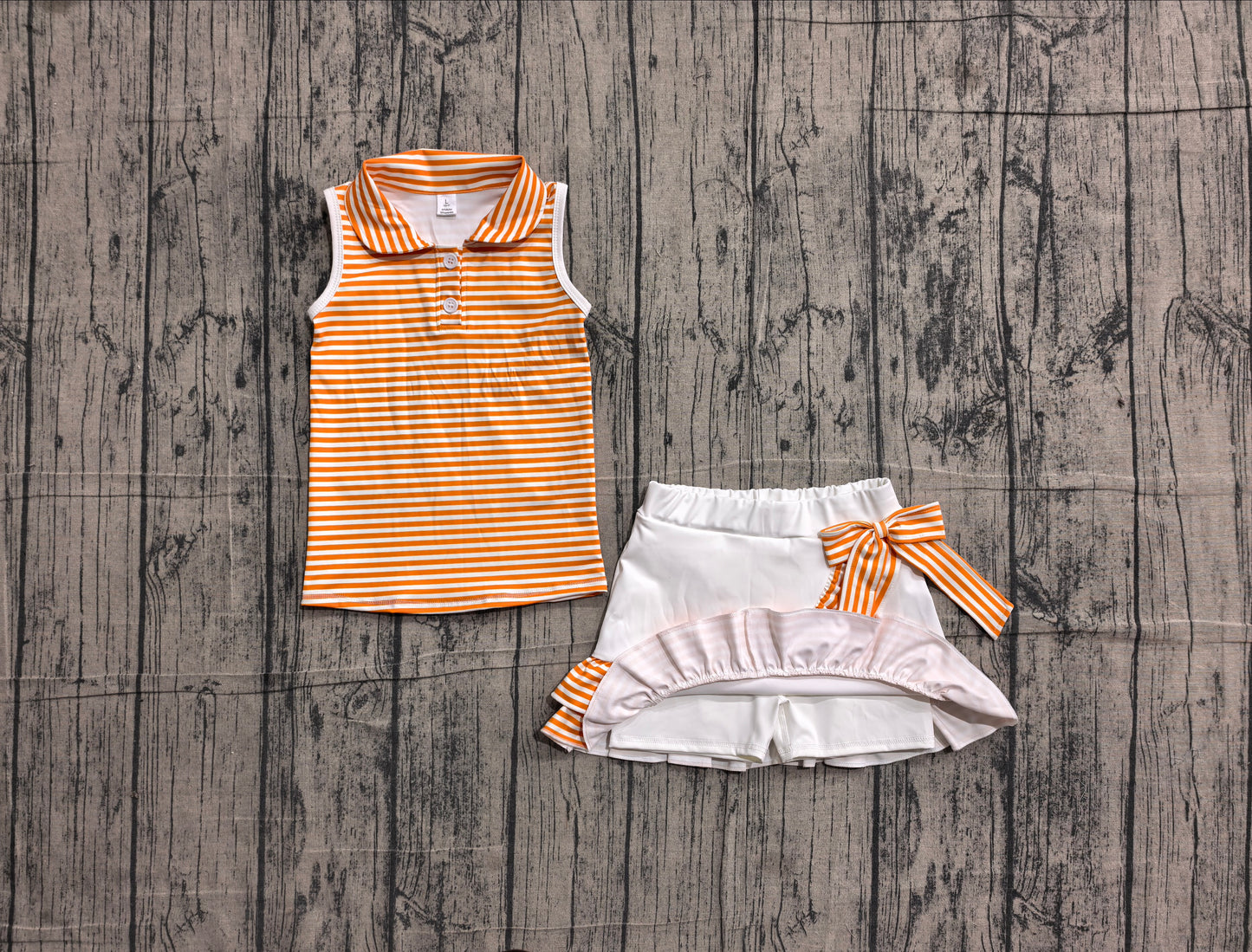 ( No moq ) Preorder Baby Girls Orange Stripes Buttons Tops Shorts Ruffle Skirts Yoga Clothes Set