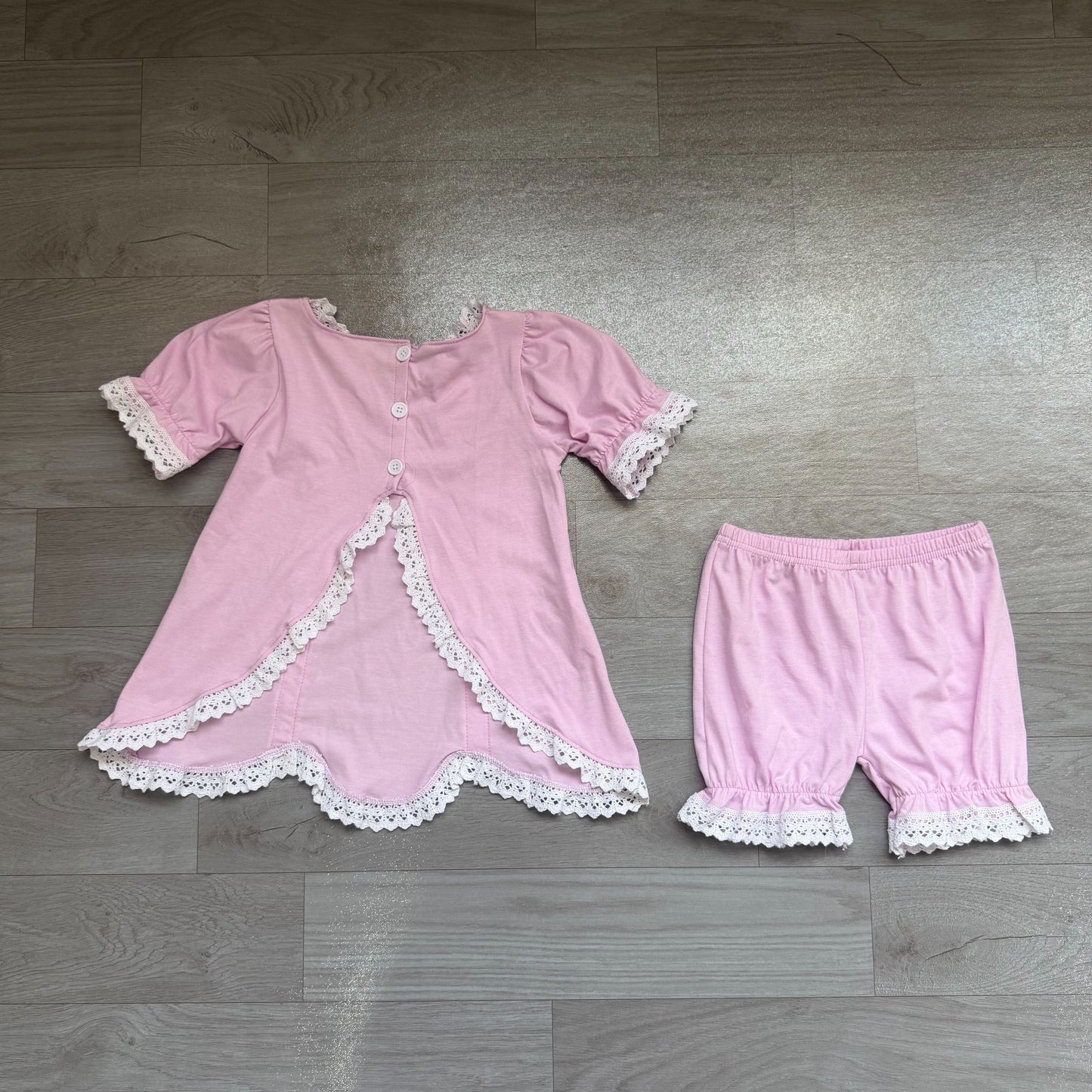 ( No moq ) Preorder Baby Girls Kids Short Sleeves Scallop Tunic Lace Shorts Set Summer Clothes