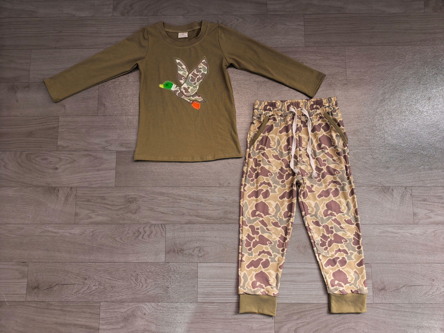( No moq ) Preorder Baby Boys Kids Embroidery Duck Shirt Pockets Camo Pants Set Clothes