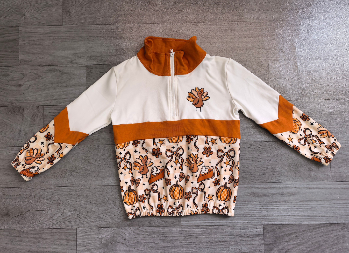 ( No moq ) Preorder Baby Girls Kids turkey Pumpkins Bows Zipper Pullover Shirt Fall Clothes